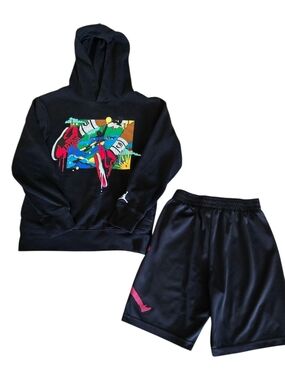 Jordan Black Kids Hoodie & Shorts Set with Multicolor Graphic